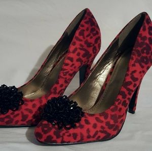 JOMAX red black leopard heels beaded flower toe